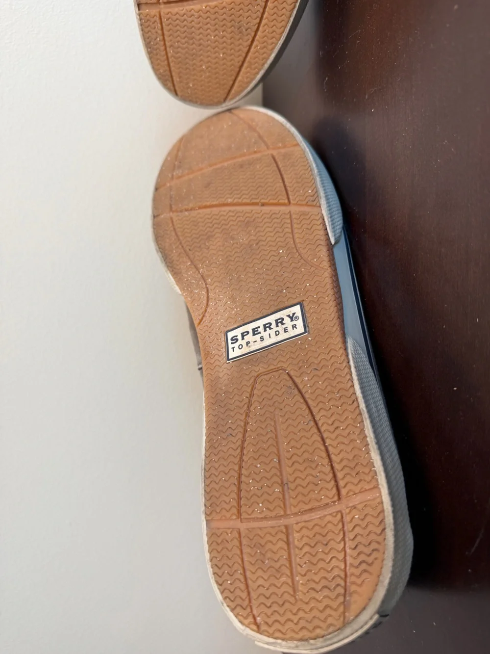 Sperry Taupe Canvas 2-Eye Boat Shoes with Blue Insole